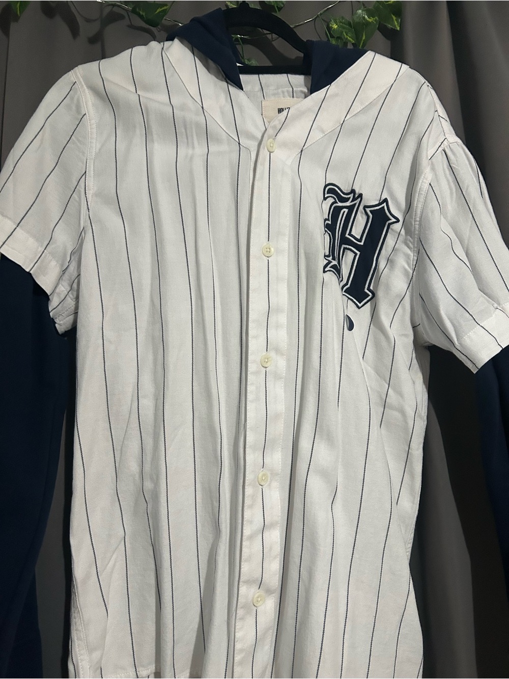 Hollister White Pinstripe Button Hoodie with Navy Hood
